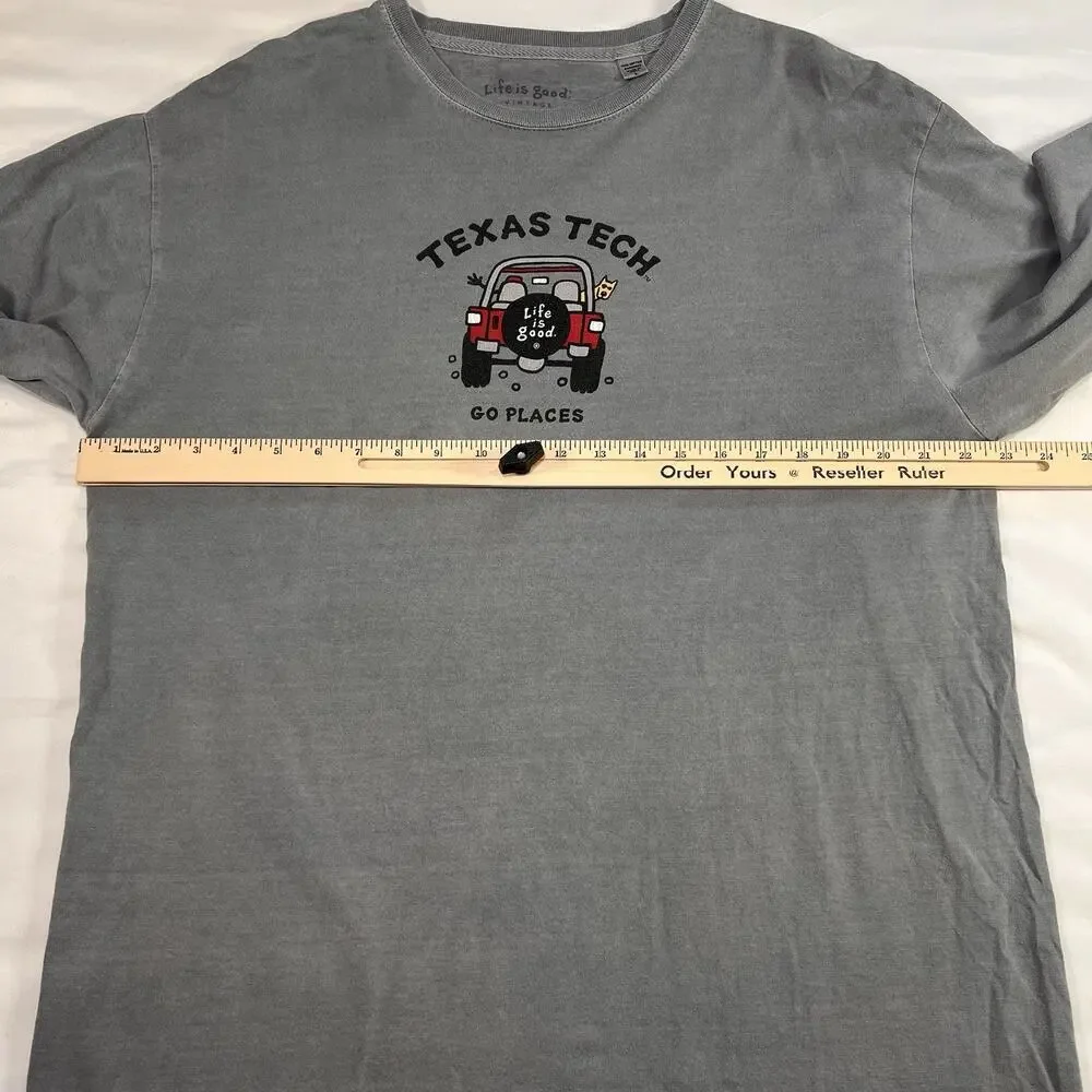 Texas Tech Life Is Good T-shirt Size L Gray Faded Vintage Wash Long Sleeve Tee